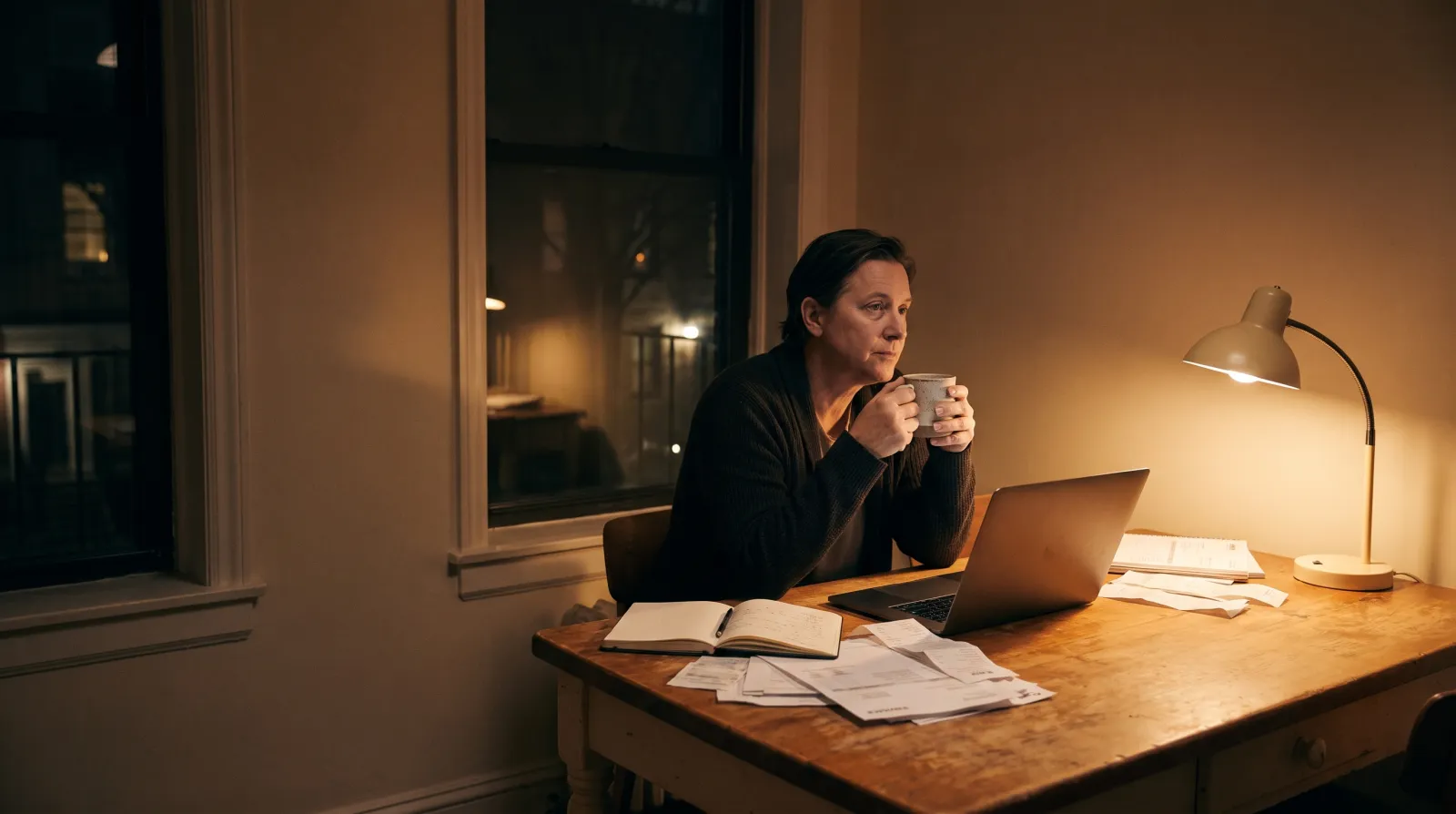A small business owner working late at the kitchen table