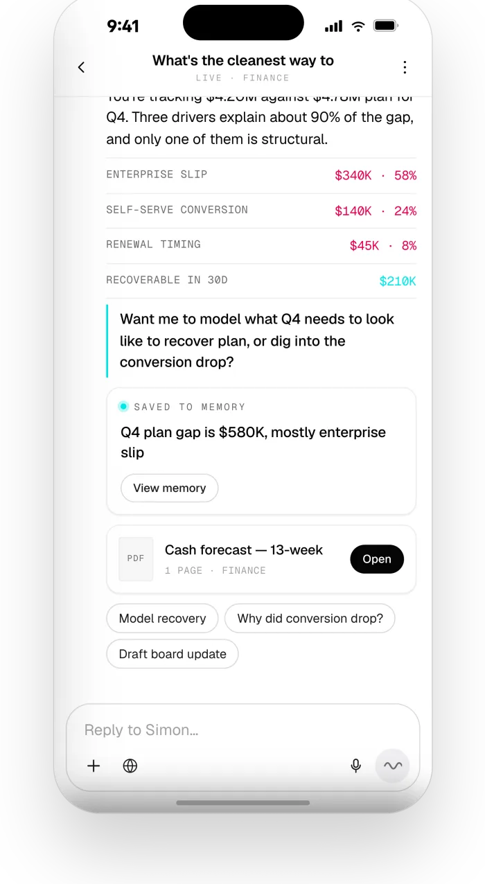 Conversation with Simon showing a Q4 forecast breakdown